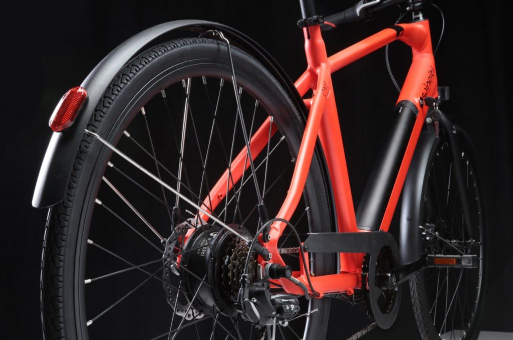 Rear View of Spin City Bike Orange with Fenders