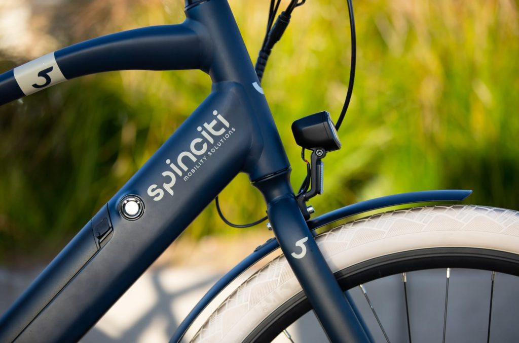 Close up of Spinciti bike with front light side view