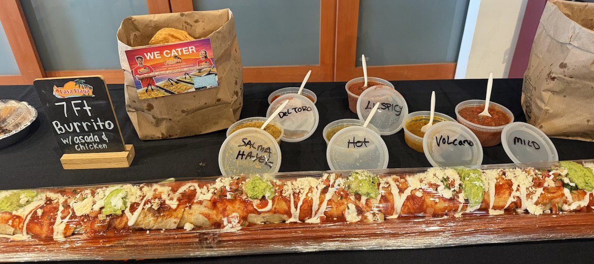 close up of the 7-foot burrito with salsa and chips