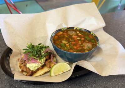 Lunch special with albondigas soup and craft taco with carnitas