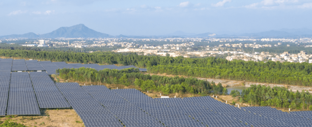 An aerial view of a solar farm in California
